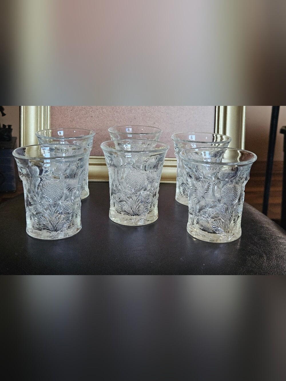 Vtg Cambridge Near Cut Inverted Clear Pressed Strawberry Design Set 6  Glasses